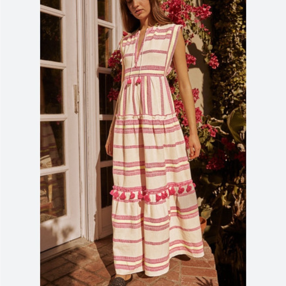 SAYLOR Maryam Boho Tassel Maxi Dress Cream Pink Stripe Size Small S